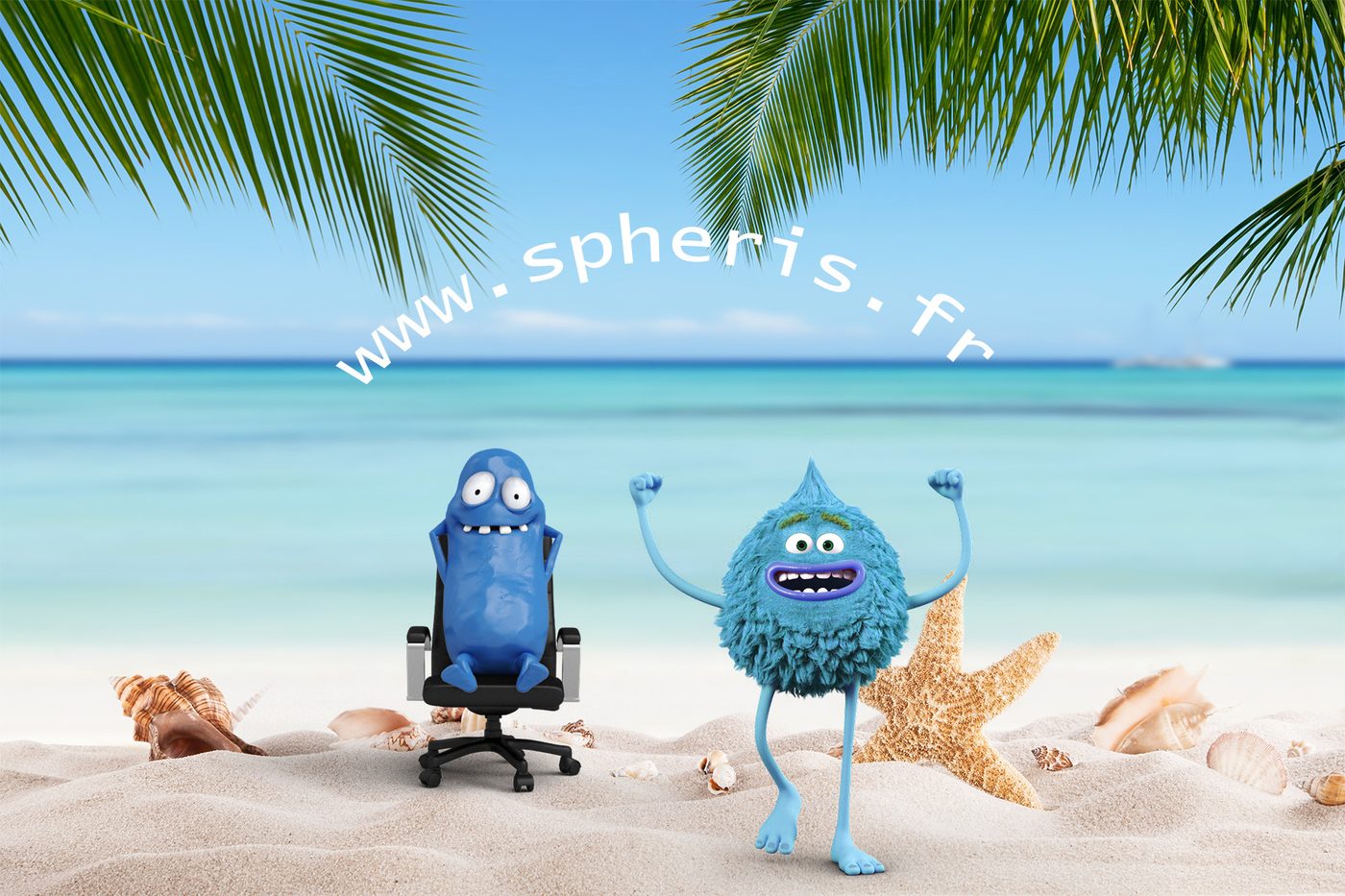 Les mascottes SPHERIS sur la plage, le fauteuil de bureau les pieds dans le sable